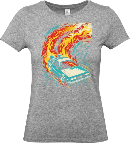 Retro Time Machine DeLorean Pop Art - great scott shirt, time machine t-shirt, retro delorean graphic tee, 80s sci-fi movie apparel, time travel fan art, vintage movie car shirt, back to the future vibes, 1980s nostalgia clothing, fire trails car design, pop art movie tee, cinematic vehicle graphic, geek culture streetwear, futuristic retro car top, classic sci-fi quote shirt, teal and orange car art, time machine illustration, movie enthusiast gift, retro action movie merch, iconic 80s film t-shirt - Standard T-Shirt (Frauen)