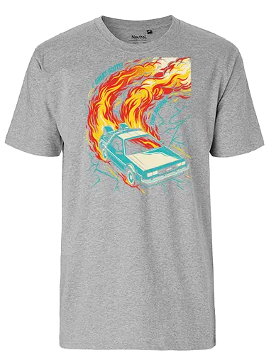Retro Time Machine DeLorean Pop Art - great scott shirt, time machine t-shirt, retro delorean graphic tee, 80s sci-fi movie apparel, time travel fan art, vintage movie car shirt, back to the future vibes, 1980s nostalgia clothing, fire trails car design, pop art movie tee, cinematic vehicle graphic, geek culture streetwear, futuristic retro car top, classic sci-fi quote shirt, teal and orange car art, time machine illustration, movie enthusiast gift, retro action movie merch, iconic 80s film t-shirt - Fairtrade T-Shirt