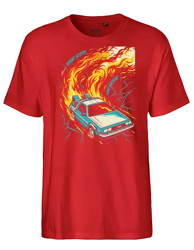 Retro Time Machine DeLorean Pop Art - great scott shirt, time machine t-shirt, retro delorean graphic tee, 80s sci-fi movie apparel, time travel fan art, vintage movie car shirt, back to the future vibes, 1980s nostalgia clothing, fire trails car design, pop art movie tee, cinematic vehicle graphic, geek culture streetwear, futuristic retro car top, classic sci-fi quote shirt, teal and orange car art, time machine illustration, movie enthusiast gift, retro action movie merch, iconic 80s film t-shirt - Fairtrade T-Shirt