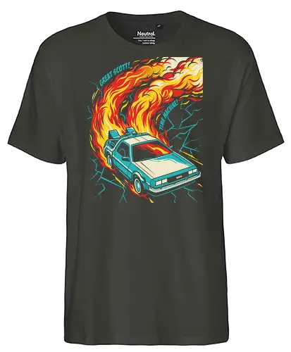 Retro Time Machine DeLorean Pop Art - great scott shirt, time machine t-shirt, retro delorean graphic tee, 80s sci-fi movie apparel, time travel fan art, vintage movie car shirt, back to the future vibes, 1980s nostalgia clothing, fire trails car design, pop art movie tee, cinematic vehicle graphic, geek culture streetwear, futuristic retro car top, classic sci-fi quote shirt, teal and orange car art, time machine illustration, movie enthusiast gift, retro action movie merch, iconic 80s film t-shirt - Fairtrade T-Shirt