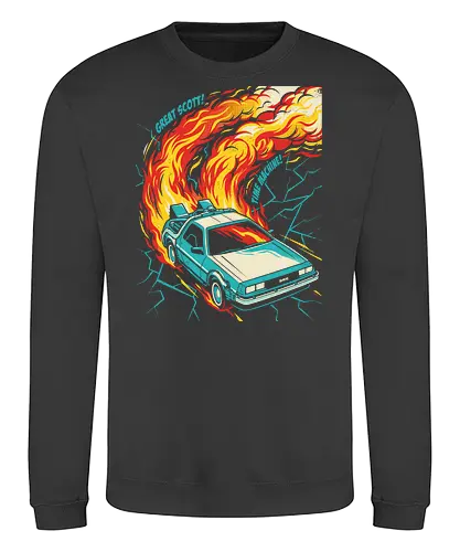 Retro Time Machine DeLorean Pop Art - great scott shirt, time machine t-shirt, retro delorean graphic tee, 80s sci-fi movie apparel, time travel fan art, vintage movie car shirt, back to the future vibes, 1980s nostalgia clothing, fire trails car design, pop art movie tee, cinematic vehicle graphic, geek culture streetwear, futuristic retro car top, classic sci-fi quote shirt, teal and orange car art, time machine illustration, movie enthusiast gift, retro action movie merch, iconic 80s film t-shirt - Sweatshirt