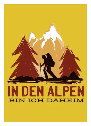 Wandern Glück – Vintage Berge Sonnenaufgang Illustration