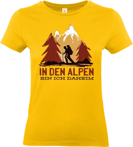 Wandern Glück – Vintage Berge Sonnenaufgang Illustration - wandern shirt, berge vintage, outdoor kleidung, trekking design, natur liebe, alpen wandern, wanderlust, bergsteiger geschenk, retro berge grafik, camping outfit, abenteuer shirt, hiking deutschland, natur illustration, wanderer stil, berg sonne - Standard T-Shirt (Frauen)