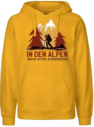 Wandern Glück – Vintage Berge Sonnenaufgang Illustration - wandern shirt, berge vintage, outdoor kleidung, trekking design, natur liebe, alpen wandern, wanderlust, bergsteiger geschenk, retro berge grafik, camping outfit, abenteuer shirt, hiking deutschland, natur illustration, wanderer stil, berg sonne - Fairtrade Hoodie