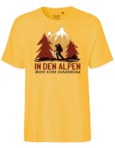 Wandern Glück – Vintage Berge Sonnenaufgang Illustration - wandern shirt, berge vintage, outdoor kleidung, trekking design, natur liebe, alpen wandern, wanderlust, bergsteiger geschenk, retro berge grafik, camping outfit, abenteuer shirt, hiking deutschland, natur illustration, wanderer stil, berg sonne - Fairtrade T-Shirt