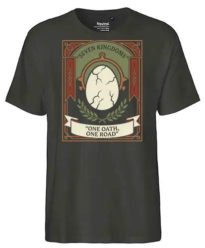One Oath, One Road - one oath one road shirt, seven kingdoms t-shirt, dragon egg graphic tee, high fantasy apparel, medieval heraldry clothing, dragon rider shirt, vintage fantasy design, crown and throne merch, mythical creature t-shirt, epic saga clothing, laurel wreath graphic, ornate frame fantasy art, fire and blood vibes, kingdom lore apparel, dragon egg illustration, royal house t-shirt, fantasy book lover gift, dragon scale design, dragon heir streetwear - Fairtrade T-Shirt