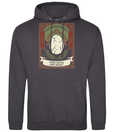 One Oath, One Road - one oath one road shirt, seven kingdoms t-shirt, dragon egg graphic tee, high fantasy apparel, medieval heraldry clothing, dragon rider shirt, vintage fantasy design, crown and throne merch, mythical creature t-shirt, epic saga clothing, laurel wreath graphic, ornate frame fantasy art, fire and blood vibes, kingdom lore apparel, dragon egg illustration, royal house t-shirt, fantasy book lover gift, dragon scale design, dragon heir streetwear - Standard Hoodie