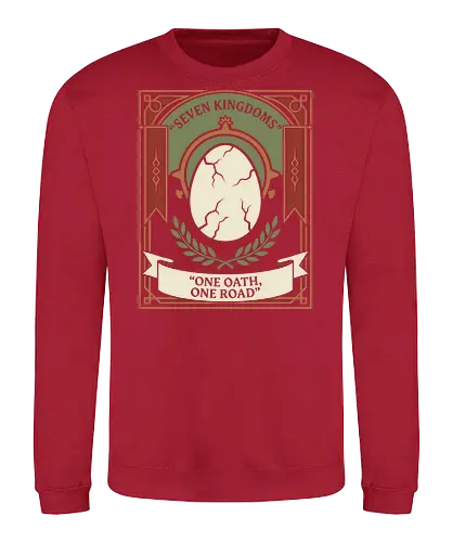One Oath, One Road - one oath one road shirt, seven kingdoms t-shirt, dragon egg graphic tee, high fantasy apparel, medieval heraldry clothing, dragon rider shirt, vintage fantasy design, crown and throne merch, mythical creature t-shirt, epic saga clothing, laurel wreath graphic, ornate frame fantasy art, fire and blood vibes, kingdom lore apparel, dragon egg illustration, royal house t-shirt, fantasy book lover gift, dragon scale design, dragon heir streetwear - Sweatshirt