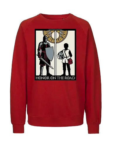 Honor on the Road - honor on the road shirt, knight and squire t-shirt, seven kingdoms graphic tee, high fantasy apparel, medieval knight clothing, master and apprentice shirt, wandering knight design, epic fantasy t-shirt, knightly honor top, fantasy book lover gift, vintage heraldry style, armored warrior apparel, medieval quest clothing, heroic silhouette shirt, sword and shield art, fantasy world streetwear, chivalry and honor tee, knightly duo graphic, seven kingdoms lore merch - Fairtrade Sweatshirt