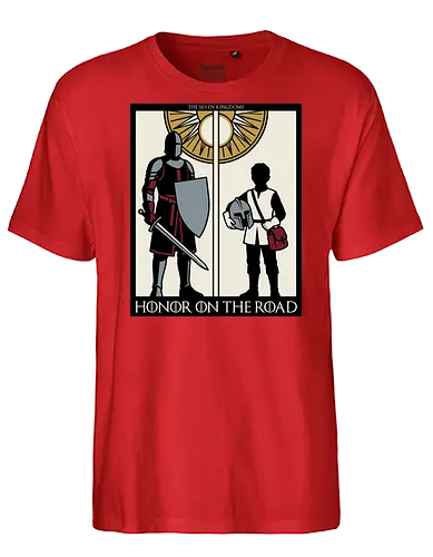 Honor on the Road - honor on the road shirt, knight and squire t-shirt, seven kingdoms graphic tee, high fantasy apparel, medieval knight clothing, master and apprentice shirt, wandering knight design, epic fantasy t-shirt, knightly honor top, fantasy book lover gift, vintage heraldry style, armored warrior apparel, medieval quest clothing, heroic silhouette shirt, sword and shield art, fantasy world streetwear, chivalry and honor tee, knightly duo graphic, seven kingdoms lore merch - Fairtrade T-Shirt