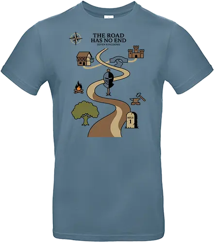 The Road Has No End - the road has no end shirt, seven kingdoms t-shirt, knight's journey graphic tee, high fantasy map apparel, medieval quest clothing, wandering knight design, fantasy world map top, castle and inn graphic, tabletop rpg t-shirt, epic saga clothing, knight helmet illustration, adventurer's path shirt, medieval history gift, fantasy book lover gear, heroic journey apparel, vintage fantasy aesthetic, fantasy cartography shirt, warrior's quest top, fantasy lore streetwear - Standard T-Shirt