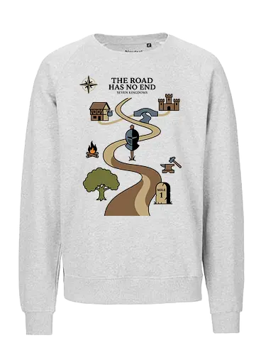 The Road Has No End - the road has no end shirt, seven kingdoms t-shirt, knight's journey graphic tee, high fantasy map apparel, medieval quest clothing, wandering knight design, fantasy world map top, castle and inn graphic, tabletop rpg t-shirt, epic saga clothing, knight helmet illustration, adventurer's path shirt, medieval history gift, fantasy book lover gear, heroic journey apparel, vintage fantasy aesthetic, fantasy cartography shirt, warrior's quest top, fantasy lore streetwear - Fairtrade Sweatshirt