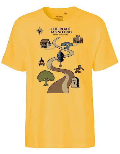 The Road Has No End - the road has no end shirt, seven kingdoms t-shirt, knight's journey graphic tee, high fantasy map apparel, medieval quest clothing, wandering knight design, fantasy world map top, castle and inn graphic, tabletop rpg t-shirt, epic saga clothing, knight helmet illustration, adventurer's path shirt, medieval history gift, fantasy book lover gear, heroic journey apparel, vintage fantasy aesthetic, fantasy cartography shirt, warrior's quest top, fantasy lore streetwear - Fairtrade T-Shirt