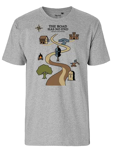 The Road Has No End - the road has no end shirt, seven kingdoms t-shirt, knight's journey graphic tee, high fantasy map apparel, medieval quest clothing, wandering knight design, fantasy world map top, castle and inn graphic, tabletop rpg t-shirt, epic saga clothing, knight helmet illustration, adventurer's path shirt, medieval history gift, fantasy book lover gear, heroic journey apparel, vintage fantasy aesthetic, fantasy cartography shirt, warrior's quest top, fantasy lore streetwear - Fairtrade T-Shirt