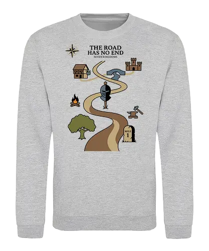 The Road Has No End - the road has no end shirt, seven kingdoms t-shirt, knight's journey graphic tee, high fantasy map apparel, medieval quest clothing, wandering knight design, fantasy world map top, castle and inn graphic, tabletop rpg t-shirt, epic saga clothing, knight helmet illustration, adventurer's path shirt, medieval history gift, fantasy book lover gear, heroic journey apparel, vintage fantasy aesthetic, fantasy cartography shirt, warrior's quest top, fantasy lore streetwear - Sweatshirt