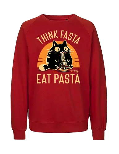 Think Fasta Eat Pasta - Funny Hungry Cat - fat cat, black cat, cat lover, chubby, pasta, spaghetti, foodie, italian food, cooking, cute animals, thinker, funny, humor, noodles, smart - Fairtrade Sweatshirt
