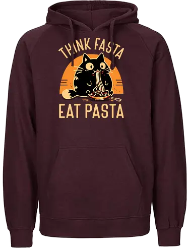 Think Fasta Eat Pasta - Funny Hungry Cat - fat cat, black cat, cat lover, chubby, pasta, spaghetti, foodie, italian food, cooking, cute animals, thinker, funny, humor, noodles, smart - Fairtrade Hoodie