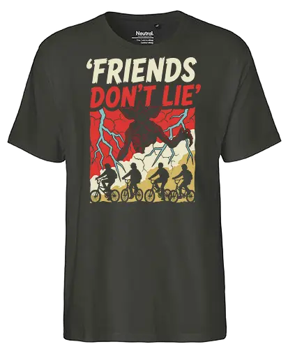 Friends Don't Lie - friends don't lie shirt, retro sci-fi horror t-shirt, demogorgon graphic tee, 80s nostalgia apparel, upside down clothing, supernatural mystery shirt, vintage monster hunter tee, kids on bikes graphic, hawkins inspired apparel, creepy creature design, distressed horror t-shirt, alternative 80s fashion, thriller fan gift, stranger vibes clothing, monster encounter art, retro lightning bolt design, iconic tv quote shirt, geek culture streetwear, sci-fi thriller merch - Fairtrade T-Shirt