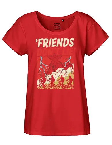 Friends Don't Lie - friends don't lie shirt, retro sci-fi horror t-shirt, demogorgon graphic tee, 80s nostalgia apparel, upside down clothing, supernatural mystery shirt, vintage monster hunter tee, kids on bikes graphic, hawkins inspired apparel, creepy creature design, distressed horror t-shirt, alternative 80s fashion, thriller fan gift, stranger vibes clothing, monster encounter art, retro lightning bolt design, iconic tv quote shirt, geek culture streetwear, sci-fi thriller merch - Fairtrade Girl Shirt