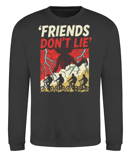 Friends Don't Lie - friends don't lie shirt, retro sci-fi horror t-shirt, demogorgon graphic tee, 80s nostalgia apparel, upside down clothing, supernatural mystery shirt, vintage monster hunter tee, kids on bikes graphic, hawkins inspired apparel, creepy creature design, distressed horror t-shirt, alternative 80s fashion, thriller fan gift, stranger vibes clothing, monster encounter art, retro lightning bolt design, iconic tv quote shirt, geek culture streetwear, sci-fi thriller merch - Sweatshirt