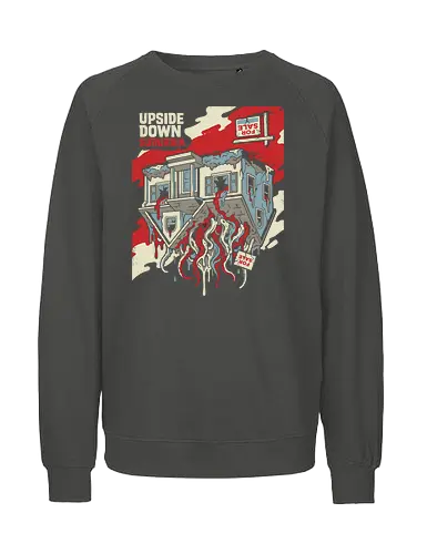 Upside Down Suburbia - upside down suburbia shirt, retro sci-fi horror t-shirt, haunted house graphic tee, interdimensional monster apparel, 80s supernatural clothing, cosmic horror t-shirt, surreal suburban art, creepy house design, red and teal horror tee, alternate dimension clothing, vintage sci-fi streetwear, tentacles graphic shirt, thriller fan gift, dark aesthetic apparel, spooky neighborhood tee, occult house art, mysterious reality shirt, retro horror merch, supernatural mystery top - Fairtrade Sweatshirt