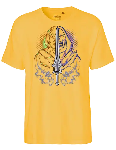 the strong one  - skeleton, guardian, villain, hero, halftone, cool, skull, strong, muscle, sword - Fairtrade T-Shirt
