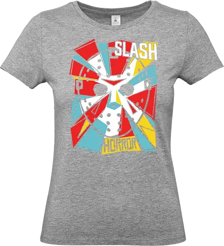 Retro Hockey Mask Slasher Graphic - slash horror shirt, hockey mask t-shirt, slasher movie apparel, 80s horror graphic tee, crystal lake fan art, vintage horror streetwear, geometric horror design, horror movie buff gift, scary movie clothing, pop art slasher top, hockey mask illustration, red and teal horror shirt, alternative horror fashion, halloween slasher tee, iconic horror mask apparel, retro horror cinema gear, slasher film merchandise, edgy horror aesthetic, masked killer t-shirt - Standard T-Shirt (Frauen)
