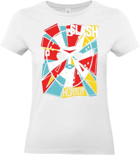 Retro Hockey Mask Slasher Graphic - slash horror shirt, hockey mask t-shirt, slasher movie apparel, 80s horror graphic tee, crystal lake fan art, vintage horror streetwear, geometric horror design, horror movie buff gift, scary movie clothing, pop art slasher top, hockey mask illustration, red and teal horror shirt, alternative horror fashion, halloween slasher tee, iconic horror mask apparel, retro horror cinema gear, slasher film merchandise, edgy horror aesthetic, masked killer t-shirt - Standard T-Shirt (Frauen)
