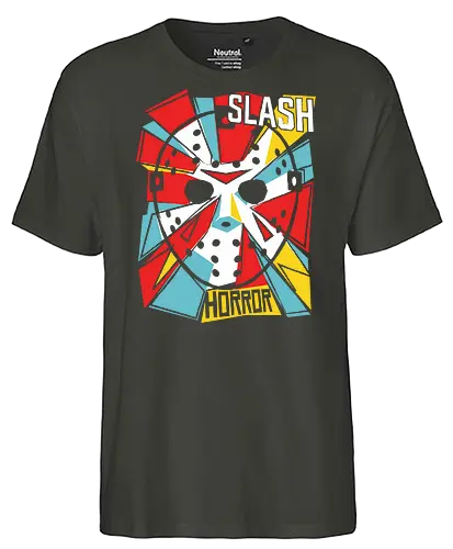Retro Hockey Mask Slasher Graphic - slash horror shirt, hockey mask t-shirt, slasher movie apparel, 80s horror graphic tee, crystal lake fan art, vintage horror streetwear, geometric horror design, horror movie buff gift, scary movie clothing, pop art slasher top, hockey mask illustration, red and teal horror shirt, alternative horror fashion, halloween slasher tee, iconic horror mask apparel, retro horror cinema gear, slasher film merchandise, edgy horror aesthetic, masked killer t-shirt - Fairtrade T-Shirt