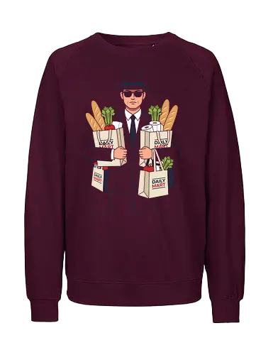 Daily Mart Agent - daily mart agent shirt, secret service grocery t-shirt, spy parody graphic tee, funny secret agent apparel, men in black grocery run, minimalist vector t-shirt, fedora agent design, humorous spy streetwear, grocery shopping humor shirt, grey suit agent art, undercover shopper tee, deadpan humor clothing, daily mart graphic, agent with groceries shirt, witty espionage apparel, minimalist character design, quirky streetwear top, secret mission grocery gift, retro agent illustration - Fairtrade Sweatshirt