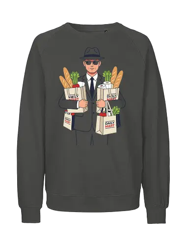 Daily Mart Agent - daily mart agent shirt, secret service grocery t-shirt, spy parody graphic tee, funny secret agent apparel, men in black grocery run, minimalist vector t-shirt, fedora agent design, humorous spy streetwear, grocery shopping humor shirt, grey suit agent art, undercover shopper tee, deadpan humor clothing, daily mart graphic, agent with groceries shirt, witty espionage apparel, minimalist character design, quirky streetwear top, secret mission grocery gift, retro agent illustration - Fairtrade Sweatshirt