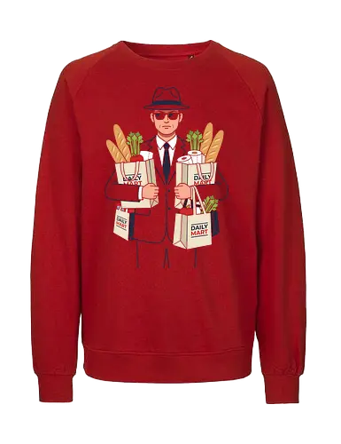 Daily Mart Agent - daily mart agent shirt, secret service grocery t-shirt, spy parody graphic tee, funny secret agent apparel, men in black grocery run, minimalist vector t-shirt, fedora agent design, humorous spy streetwear, grocery shopping humor shirt, grey suit agent art, undercover shopper tee, deadpan humor clothing, daily mart graphic, agent with groceries shirt, witty espionage apparel, minimalist character design, quirky streetwear top, secret mission grocery gift, retro agent illustration - Fairtrade Sweatshirt