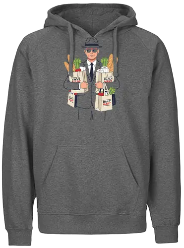 Daily Mart Agent - daily mart agent shirt, secret service grocery t-shirt, spy parody graphic tee, funny secret agent apparel, men in black grocery run, minimalist vector t-shirt, fedora agent design, humorous spy streetwear, grocery shopping humor shirt, grey suit agent art, undercover shopper tee, deadpan humor clothing, daily mart graphic, agent with groceries shirt, witty espionage apparel, minimalist character design, quirky streetwear top, secret mission grocery gift, retro agent illustration - Fairtrade Hoodie