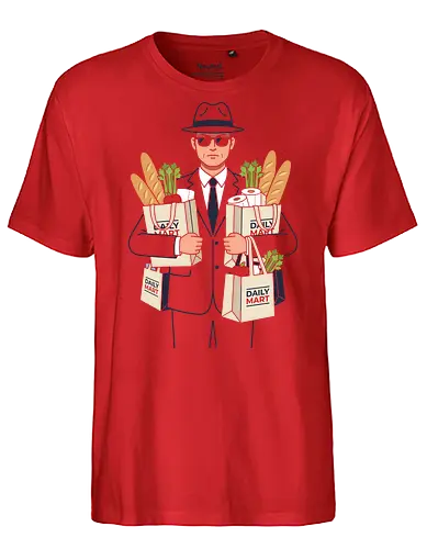Daily Mart Agent - daily mart agent shirt, secret service grocery t-shirt, spy parody graphic tee, funny secret agent apparel, men in black grocery run, minimalist vector t-shirt, fedora agent design, humorous spy streetwear, grocery shopping humor shirt, grey suit agent art, undercover shopper tee, deadpan humor clothing, daily mart graphic, agent with groceries shirt, witty espionage apparel, minimalist character design, quirky streetwear top, secret mission grocery gift, retro agent illustration - Fairtrade T-Shirt