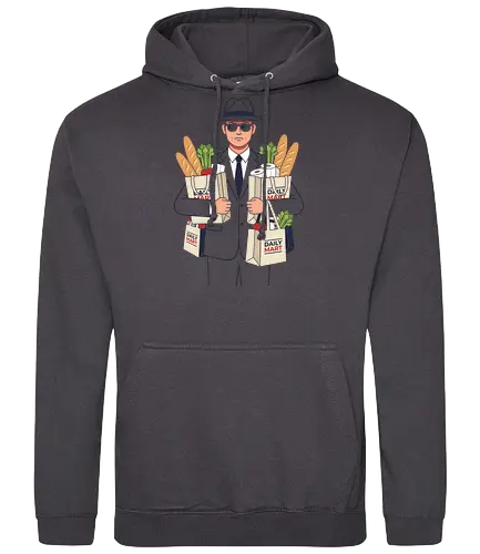 Daily Mart Agent - daily mart agent shirt, secret service grocery t-shirt, spy parody graphic tee, funny secret agent apparel, men in black grocery run, minimalist vector t-shirt, fedora agent design, humorous spy streetwear, grocery shopping humor shirt, grey suit agent art, undercover shopper tee, deadpan humor clothing, daily mart graphic, agent with groceries shirt, witty espionage apparel, minimalist character design, quirky streetwear top, secret mission grocery gift, retro agent illustration - Standard Hoodie