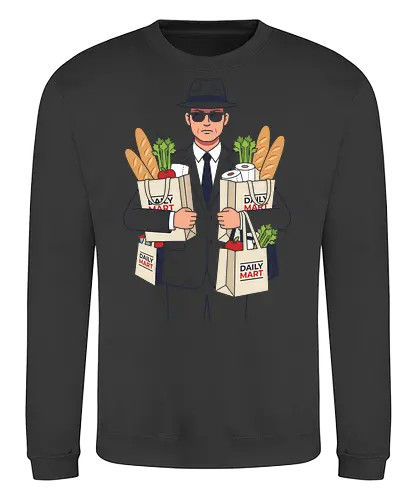 Daily Mart Agent - daily mart agent shirt, secret service grocery t-shirt, spy parody graphic tee, funny secret agent apparel, men in black grocery run, minimalist vector t-shirt, fedora agent design, humorous spy streetwear, grocery shopping humor shirt, grey suit agent art, undercover shopper tee, deadpan humor clothing, daily mart graphic, agent with groceries shirt, witty espionage apparel, minimalist character design, quirky streetwear top, secret mission grocery gift, retro agent illustration - Sweatshirt