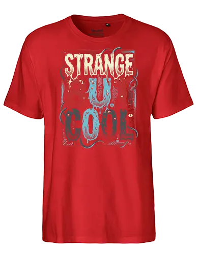 Strange But Cool - strange but cool shirt, retro sci-fi typography, monster text t-shirt, melting letters graphic tee, creepy eyeball apparel, tentacle monster clothing, 80s horror aesthetic, circuit board design, cosmic horror streetwear, weird and cool t-shirt, alternative fashion top, supernatural thriller merch, dripping letters art, teal and red graphic shirt, geek culture apparel, bizarre monster design, edgy typography tee, vintage sci-fi horror, unique statement shirt - Fairtrade T-Shirt