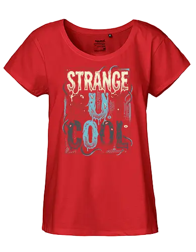 Strange But Cool - strange but cool shirt, retro sci-fi typography, monster text t-shirt, melting letters graphic tee, creepy eyeball apparel, tentacle monster clothing, 80s horror aesthetic, circuit board design, cosmic horror streetwear, weird and cool t-shirt, alternative fashion top, supernatural thriller merch, dripping letters art, teal and red graphic shirt, geek culture apparel, bizarre monster design, edgy typography tee, vintage sci-fi horror, unique statement shirt - Fairtrade Girl Shirt