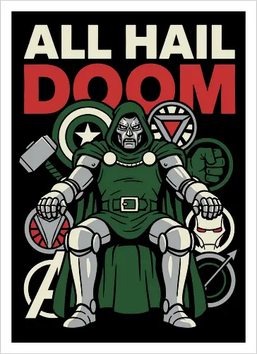All Hail Doom - all hail doom shirt, doctor doom throne t-shirt, latveria sovereign apparel, comic book villain graphic tee, victor von doom clothing, retro villain propaganda top, defeated heroes design, monarch of latveria shirt, supervillain streetwear, geek culture fashion, armored villain art, comic lore t-shirt, sovereign on throne graphic, iconic villain merch, doctor doom fan gift, villainous pop art, master of sorcery shirt, comic book royalty apparel, powerful villain silhouette - Kunstdruck