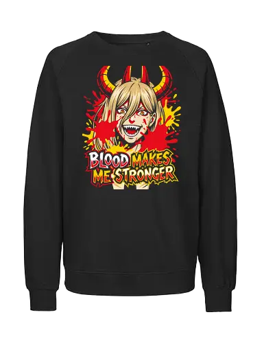 Blood Makes Me Stronger - blood makes me stronger shirt, power anime t-shirt, fiend girl graphic tee, blood fiend apparel, red and yellow anime design, chaotic anime streetwear, supernatural hunter t-shirt, fangs and horns graphic, dark fantasy anime merch, aggressive typography tee, devil girl fan art, edgy anime clothing, halftone pop art shirt, battle ready anime top, blood splatter graphic design, anime anti-hero apparel, fierce anime girl shirt, modern shonen fan merch, stylized anime portrait tee - Fairtrade Sweatshirt