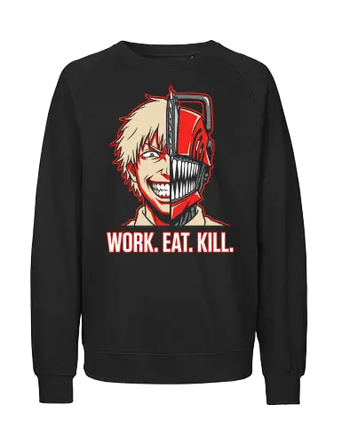 Work. Eat. Kill - work eat kill shirt, chainsaw devil t-shirt, split face anime graphic tee, devil hunter apparel, pochita inspired clothing, denji fan art shirt, dark fantasy anime streetwear, red and white anime design, hybrid demon t-shirt, public safety hunter gear, aggressive typography tee, shonen jump fan merch, chainsaw man t-shirt, supernatural action apparel, edgy manga clothing, devil heart graphic, minimalist anime portrait, monster hunter streetwear, japanese pop culture top - Fairtrade Sweatshirt