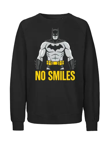 No Smiles - no smiles shirt, dark knight t-shirt, minimalist hero graphic tee, gotham vigilante apparel, comic book cowl design, brooding hero t-shirt, vintage superhero streetwear, yellow utility belt graphic, detective hero clothing, charcoal grey hero top, bold typography t-shirt, caped crusader fan art, minimalist comic book apparel, urban hero streetwear, justice seeker t-shirt, serious hero design, geek culture fashion, iconic mask graphic, comic lore merch - Fairtrade Sweatshirt