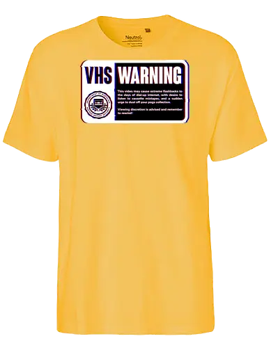VHS Nostalgia Warning  - joke, fun, movie, vhs, nostalgia, retro, vintage, pixel art, funny, old, cool, computer, pc, meme - Fairtrade T-Shirt
