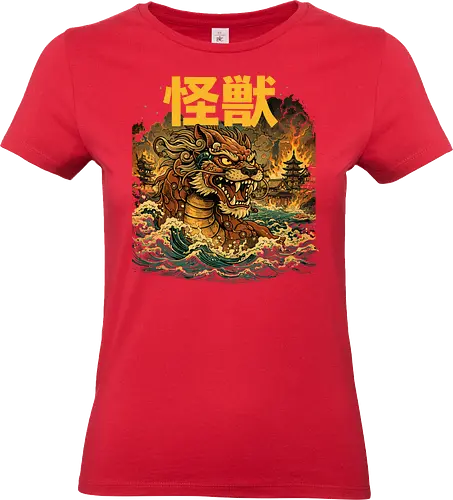 Japanischer Löwendrache Kaiju - Otaku, Shishi, Japanischer Löwe, Kaiju Art, Japan Mythologie, Fantasy Kunst, Anime Stil, Geek Design, Asian Monster, Tempel Wächter, Ukiyoe Stil, Japan Illustration, Mythical Creature, Epic Art, Monster Design - Standard T-Shirt (Frauen)