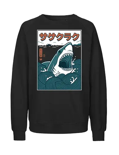 The Great Wave of Jaws - traditional japanese shark art, cool nautical graphic shirt, ukiyo-e jaws parody, great white shark shirt, japanese shark t-shirt, ukiyo-e wave graphic tee, jaws movie parody apparel, hokusai wave shark design, retro shark attack clothing, japanese ocean art t-shirt, vintage sea monster top, shark in waves graphic, teal and orange nautical shirt, kanji shark t-shirt, great white sea art merch, aesthetic shark streetwear, japanese woodblock style tee, marine predator apparel, shark fan gift - Fairtrade Sweatshirt