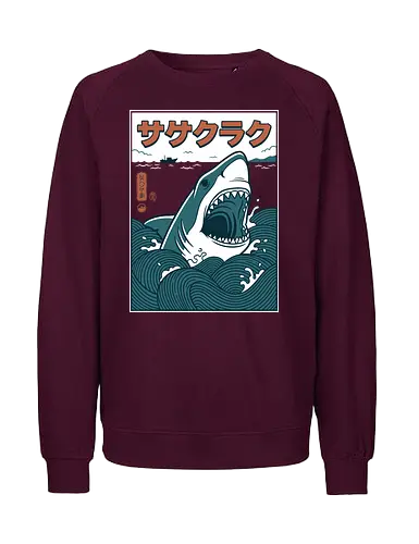 The Great Wave of Jaws - traditional japanese shark art, cool nautical graphic shirt, ukiyo-e jaws parody, great white shark shirt, japanese shark t-shirt, ukiyo-e wave graphic tee, jaws movie parody apparel, hokusai wave shark design, retro shark attack clothing, japanese ocean art t-shirt, vintage sea monster top, shark in waves graphic, teal and orange nautical shirt, kanji shark t-shirt, great white sea art merch, aesthetic shark streetwear, japanese woodblock style tee, marine predator apparel, shark fan gift - Fairtrade Sweatshirt
