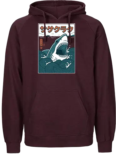 The Great Wave of Jaws - traditional japanese shark art, cool nautical graphic shirt, ukiyo-e jaws parody, great white shark shirt, japanese shark t-shirt, ukiyo-e wave graphic tee, jaws movie parody apparel, hokusai wave shark design, retro shark attack clothing, japanese ocean art t-shirt, vintage sea monster top, shark in waves graphic, teal and orange nautical shirt, kanji shark t-shirt, great white sea art merch, aesthetic shark streetwear, japanese woodblock style tee, marine predator apparel, shark fan gift - Fairtrade Hoodie