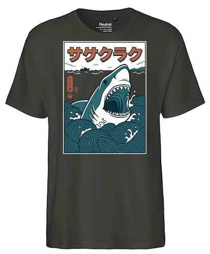 The Great Wave of Jaws - traditional japanese shark art, cool nautical graphic shirt, ukiyo-e jaws parody, great white shark shirt, japanese shark t-shirt, ukiyo-e wave graphic tee, jaws movie parody apparel, hokusai wave shark design, retro shark attack clothing, japanese ocean art t-shirt, vintage sea monster top, shark in waves graphic, teal and orange nautical shirt, kanji shark t-shirt, great white sea art merch, aesthetic shark streetwear, japanese woodblock style tee, marine predator apparel, shark fan gift - Fairtrade T-Shirt