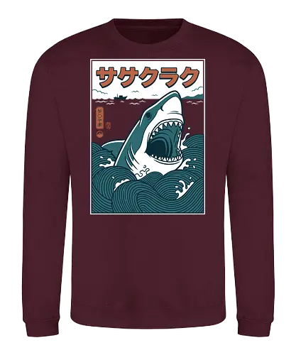 The Great Wave of Jaws - traditional japanese shark art, cool nautical graphic shirt, ukiyo-e jaws parody, great white shark shirt, japanese shark t-shirt, ukiyo-e wave graphic tee, jaws movie parody apparel, hokusai wave shark design, retro shark attack clothing, japanese ocean art t-shirt, vintage sea monster top, shark in waves graphic, teal and orange nautical shirt, kanji shark t-shirt, great white sea art merch, aesthetic shark streetwear, japanese woodblock style tee, marine predator apparel, shark fan gift - Sweatshirt