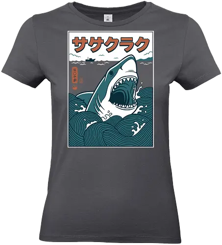 The Great Wave of Jaws - traditional japanese shark art, cool nautical graphic shirt, ukiyo-e jaws parody, great white shark shirt, japanese shark t-shirt, ukiyo-e wave graphic tee, jaws movie parody apparel, hokusai wave shark design, retro shark attack clothing, japanese ocean art t-shirt, vintage sea monster top, shark in waves graphic, teal and orange nautical shirt, kanji shark t-shirt, great white sea art merch, aesthetic shark streetwear, japanese woodblock style tee, marine predator apparel, shark fan gift - Standard T-Shirt (Frauen)